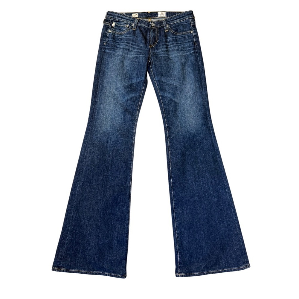AG Adriano Goldschmied Belle Flare Jeans Dark Wash Low Rise Blue Denim 4 Sample